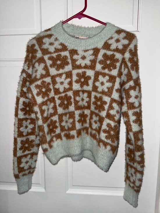 SO Sweaters - SO Floral Check Crewneck Sweater - Mint & Brown